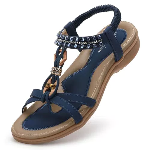 Littleplum Damen Sandalen Flache Sandalette Bohemia mit Strass und Perlen