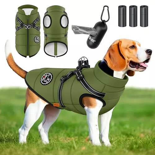 LOVPET Hundejacke mit Geschirr, wasserdichte gefütterte Hundeweste mit Reflektoren