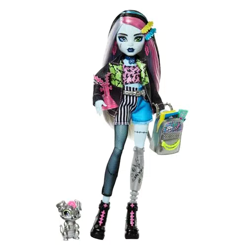Monster High Frankie Stein Puppe mit Jeansjacke, Hund Watzie und Zubehör