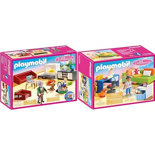 PLAYMOBIL Dollhouse 70207 Wohnzimmer mit Lichteffekt und 70209 Jugendzimmer