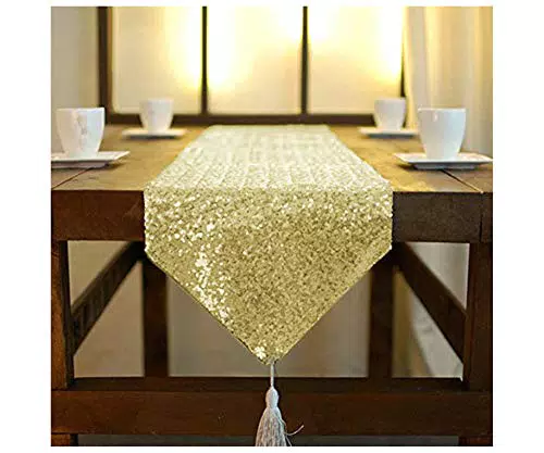 ShinyBeauty Tischläufer mit Quasten schimmernd Glitzer Pailletten Hochzeit Party