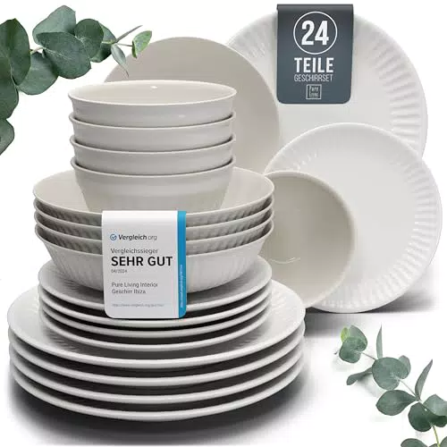 Pure Living Steingut Geschirrset 6 Personen - Hochwertiges Tafelservice