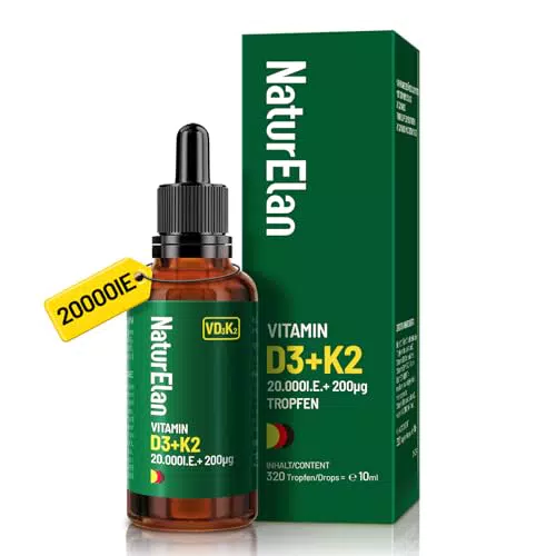 Vitamin D3 K2 Tropfen hochdosiert – 20000 I.E. mit K2 MK7, vegetarisch, ohne Zusätze