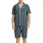 Vulcanodon Herren Schlafanzug Kurz 100% Baumwolle Pyjama Kariert mit Knopfleiste