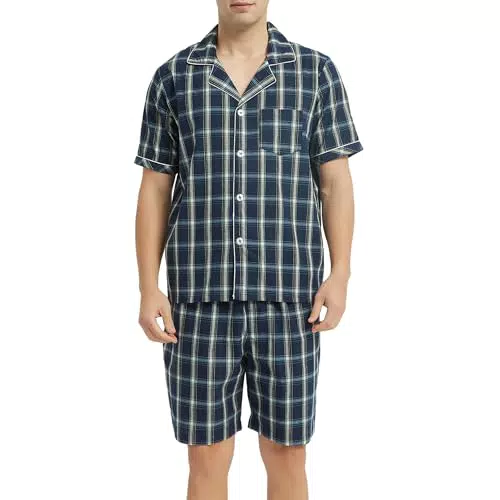Vulcanodon Herren Schlafanzug Kurz 100% Baumwolle Pyjama Kariert mit Knopfleiste