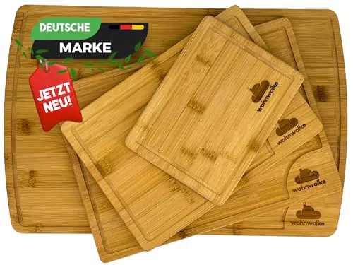 WOHNWOLKE Schneidebrett Holz 4er Set, Bambus Schneidebretter mit Saftrille & Seitengriff