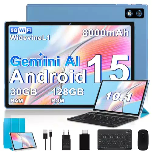 Android 15 Tablet 10 Zoll mit Gemini AI, 30GB RAM, 128GB ROM, 8000mAh, WiFi 6