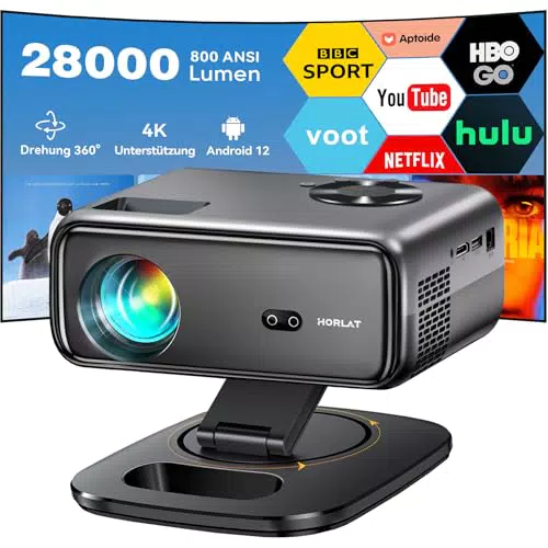 HORLAT Beamer 4K Full HD 1080P, 28000 Lumen, Android 12, WiFi 6, Bluetooth, Projektor