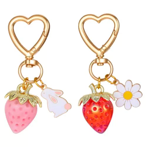 BOHUIZ Erdbeer Schlüsselanhänger mit Herz und Gänseblümchen für Damen Kawaii