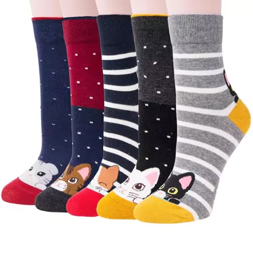Chalier Cozy 5 Paar Damen Socken Tiere Lustige Bunte Socken Baumwolle mit Süße Katze Socken Geschenk für Damen Einheitsgröße Gelb