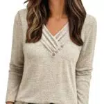 Cuptacc Damen Langarmshirt Oversized V-Ausschnitt Freizeit Sommer Oberteil