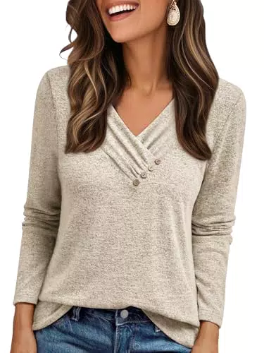 Cuptacc Damen Langarmshirt Oversized V-Ausschnitt Freizeit Sommer Oberteil