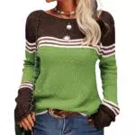 Stylischer Damen Pullover Rundhals Colorblock Slim Fit Langarm Strickpullover