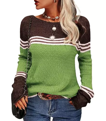 Stylischer Damen Pullover Rundhals Colorblock Slim Fit Langarm Strickpullover