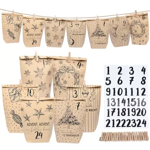 DECHISY Adventskalender Tüten mit Zahlenaufklebern und Klammern zum Befüllen