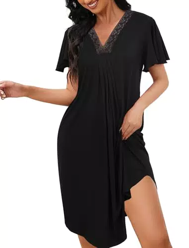 Evolyline Damen Nachthemd Kurzarm mit V-Ausschnitt und Rüschenärmeln