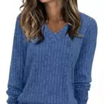 Fisoew Damen V-Ausschnitt Pullover Langarm Elegant Geripptes Strickshirt