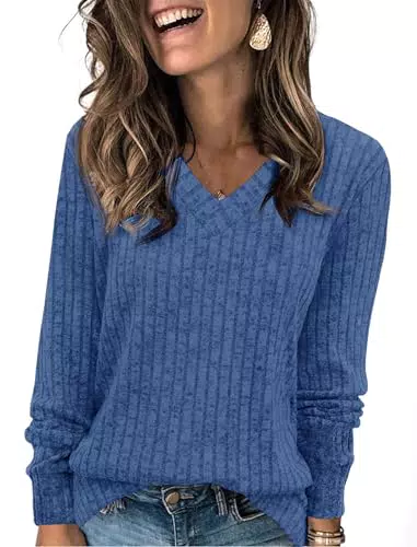 Fisoew Damen V-Ausschnitt Pullover Langarm Elegant Geripptes Strickshirt