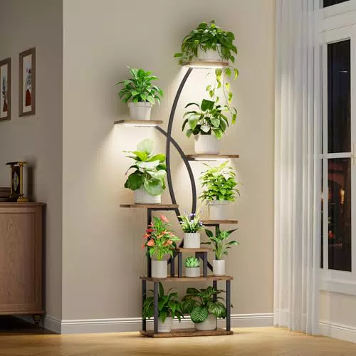 JUSTOGO Pflanzenregal mit Wachstumslichtern für Indoor aus Holz und Metall