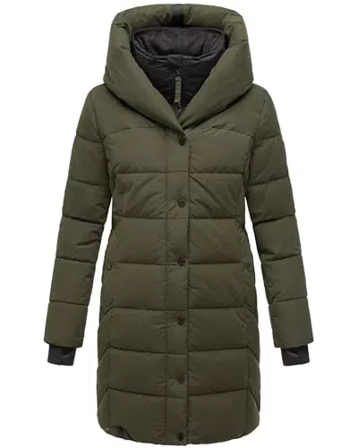 Navahoo Damen Wintermantel Knutschilein – Langer Steppmantel mit Kapuze & Fleece-Kragen