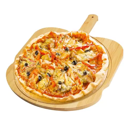 Großes Pizzabrett aus Holz mit Griff – Rundes Servierbrett für Pizza & Brot