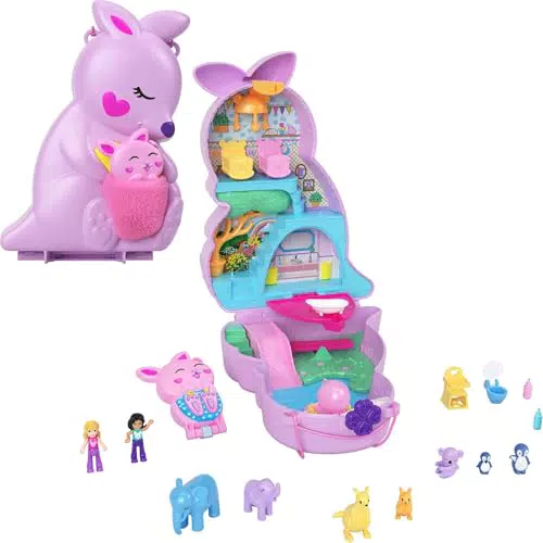 Polly Pocket Mama und Joey Känguru Tasche 2-in-1 Spielset mit Zubehör, HKV50