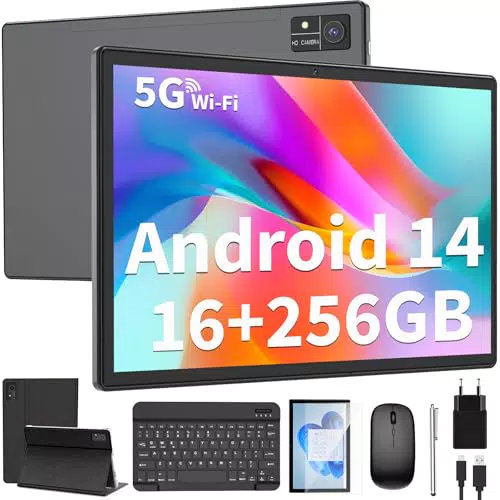 QDDQ Android Tablet 10 Zoll mit Tastatur, 16GB RAM, 256GB, Octa-Core, FHD, WiFi