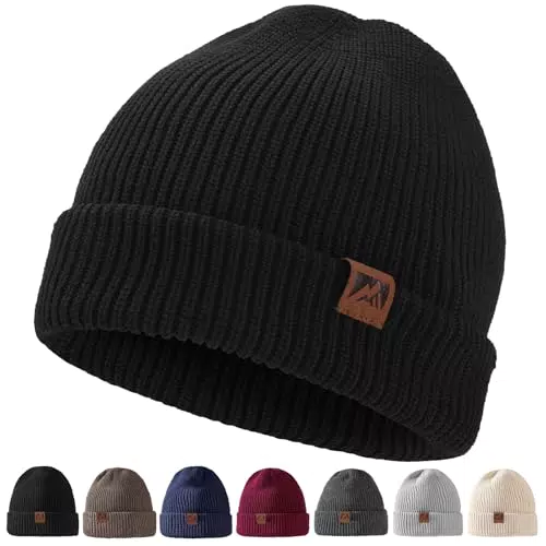 Ricema Beanie Mütze Unisex - Warme Strickmütze mit Lederpatch für den Winter