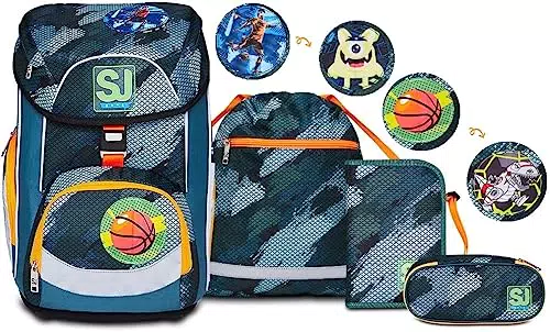SJ Schulranzen Ergonomischer Schulrucksack für Grundschule mit Mäppchen & Turnbeutel