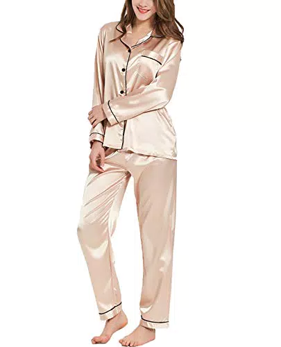 SWOMOG Damen Satin Schlafanzug – Langarm Pyjama Set für entspannte Nächte