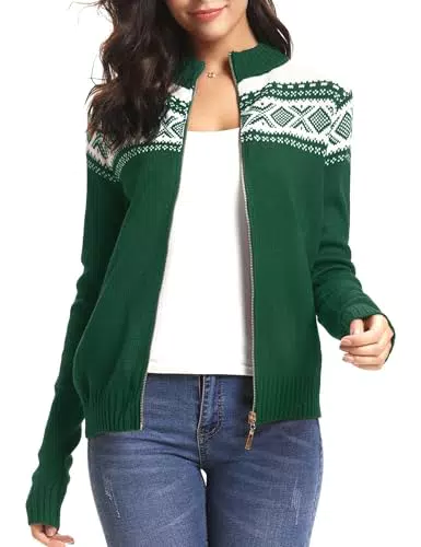 Sykooria Damen Strickjacke Weihnachten Cardigan mit Norweger Muster Zip Pullover