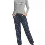 Sykooria Damen Schlafanzug aus Baumwolle mit V-Ausschnitt und Kontrastkante