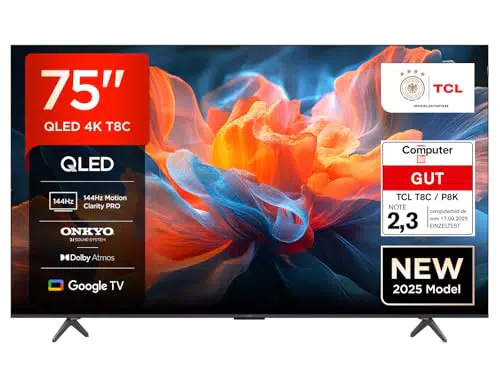 TCL 75T8C QLED 4K UHD Fernseher mit Dolby Vision, Google TV & Onkyo Sound