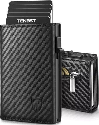 TENBST Herren Geldbörse mit RFID-Schutz und Münzfach aus Premium Kohlefaserleder