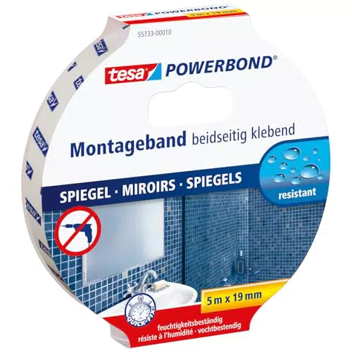 tesa Powerbond MIRROR - Doppelseitiges Montageband für Spiegel im Badezimmer