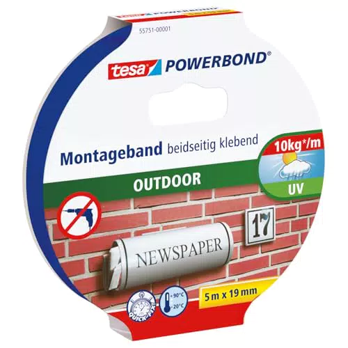 TESA Powerbond Outdoor - Doppelseitiges Montageband für den Außenbereich - Wasserfest & UV-beständig - 5 m x 19 mm & Powerbond ULTRA STRONG - Extra starkes Montageband - 5 m