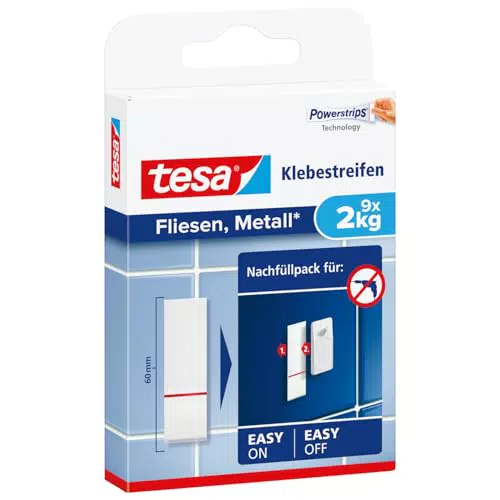tesa Powerstrips Klebestreifen für Fliesen und Metall 3 kg - Doppelseitige Streifen für feste
