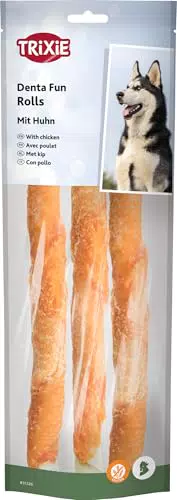 TRIXIE Denta Fun Rolls mit Hühnchenfilet – Rinderhaut Kaustangen glutenfrei