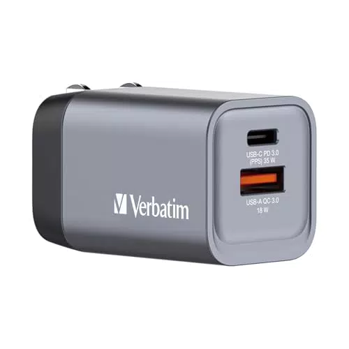Verbatim GaN USB-C Ladegerät 35W mit USB-A, Schnellladen für Smartphone & Tablet