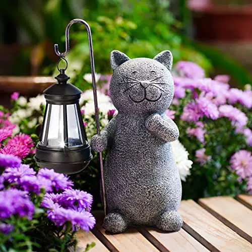 Yeomoo Katze Gartenfiguren für Außen mit Solar Laterne Lustig Wasserdicht Solarlampe Figur Gartendeko für Draußen Balkon Terrassen Geschenke für Frauen Männer Mama Geburtstag Feengarten Grau