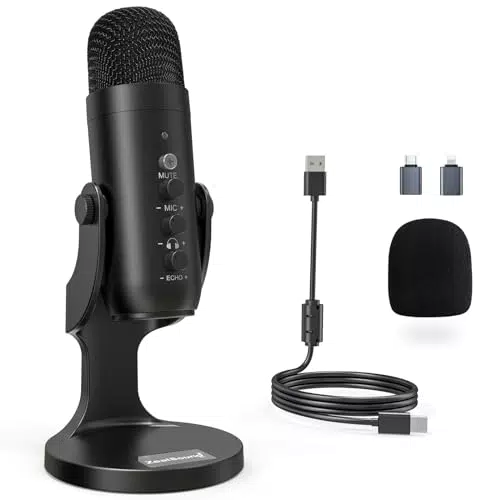 USB Kondensator Mikrofon für PC, Handy, PS4, PS5 - Gaming, Podcast, Streaming - Stumm/Gain/Echo - ASMR - Mac, Windows, Phone Adapter