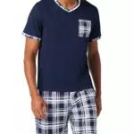 Aseniza Herren Schlafanzug Kurz Baumwolle V-Ausschnitt Sommer Pyjama Set