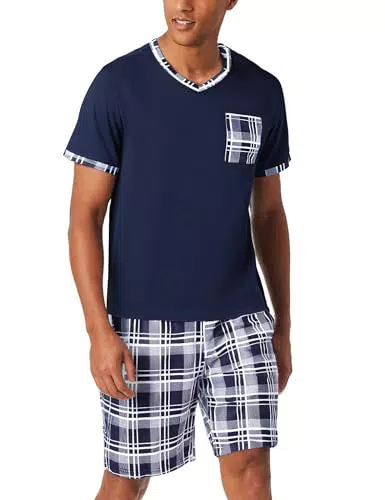 Aseniza Herren Schlafanzug Kurz Baumwolle V-Ausschnitt Sommer Pyjama Set