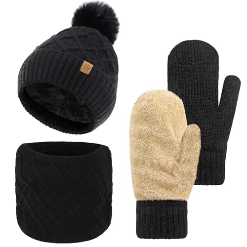 Bseical Damen Wintermütze Set mit Schal und Handschuhen, Fleece, Bommel, Warm