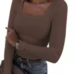 Damen Langarmshirt Slim Fit U-Ausschnitt Rippstrick Basic Tee Y2K