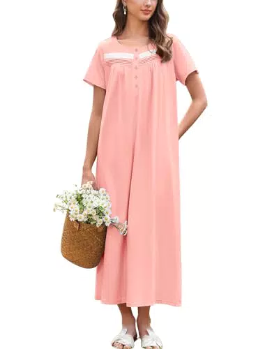 Ekouaer Nachthemd Damen Baumwolle Kurzarm Nachtwäsche mit Knopfleiste und Taschen