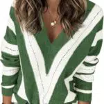Fisoew Damen Oversized V-Ausschnitt Strickpullover mit gestreiftem Muster
