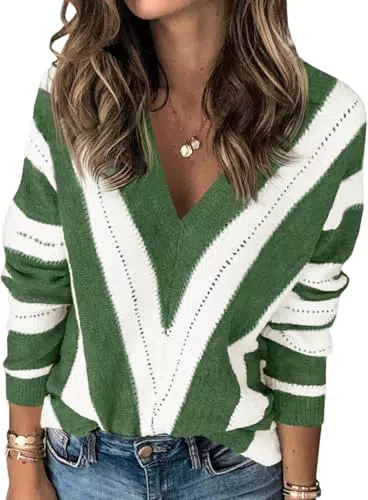 Fisoew Damen Oversized V-Ausschnitt Strickpullover mit gestreiftem Muster