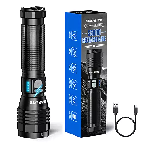 GEARLITE LED Taschenlampe Aufladbar, 10000 Lumen, extrem hell, wasserdicht
