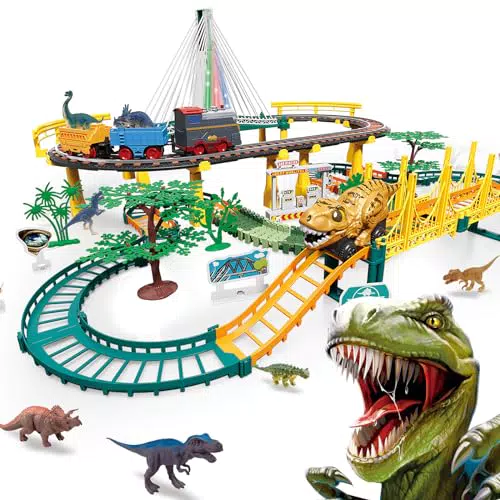 JONRRYIN Kinder Eisenbahn Spielzeug Set mit Zug und Autos, Geschenk für Kinder